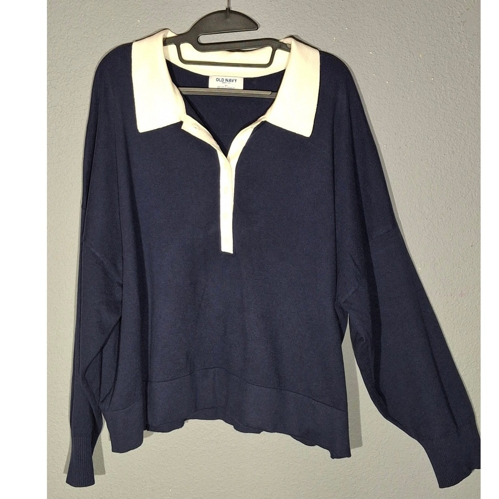 Old Navy SoSoft Lite Navy Blue White Polo Collar Oversized Sweater 2X